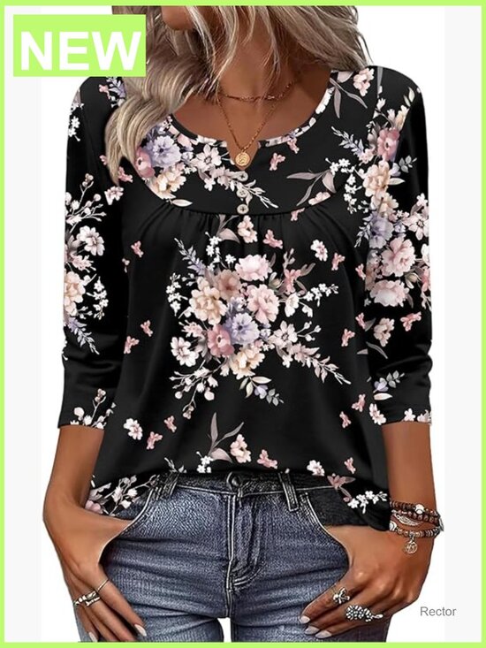 Tops - 3/4 Sleeve V Neck Tunic Blouse Dressy Casual Work Top